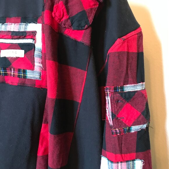 Upcycled Patchwork Hoodie XL/1X: Boho Grunge Black & Red Flannel Sweatshirt - Picture 10 of 10